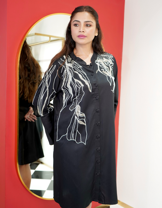 Black Abstract Embroidered Shirt Dress