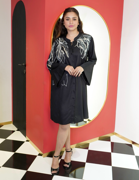 Black Abstract Embroidered Shirt Dress