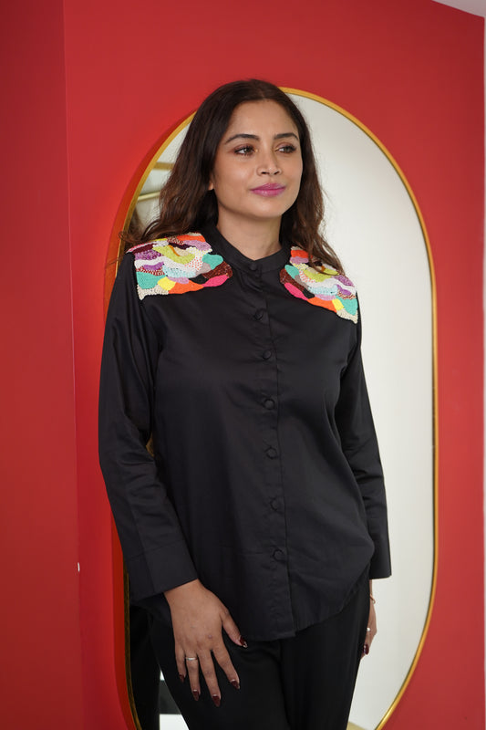 Black Multicoloured Embroidered Shirt with  Signature Scallop Pants