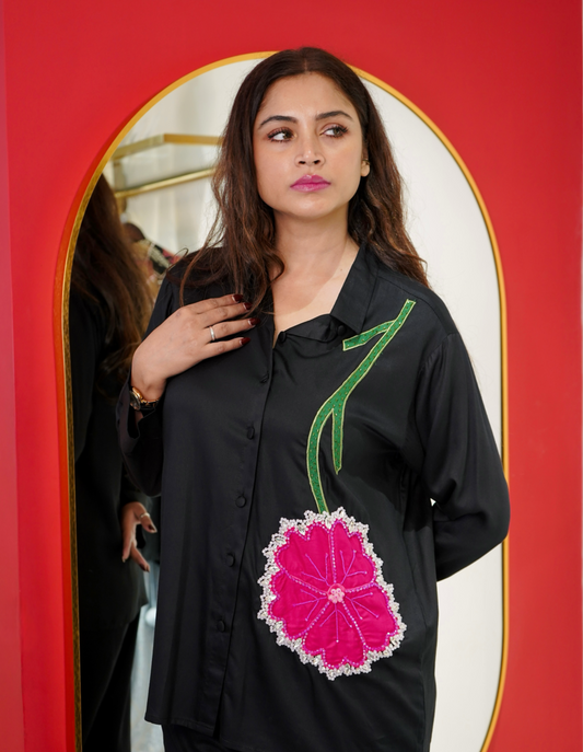 Black Upside-Down Flower Embroidered  Co-Ord Set