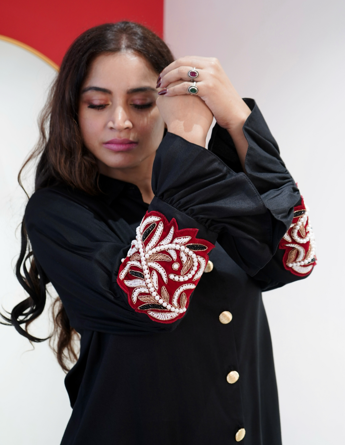 Black Velvet Embroidered Co-Ord Set with  Maroon & White Detailing