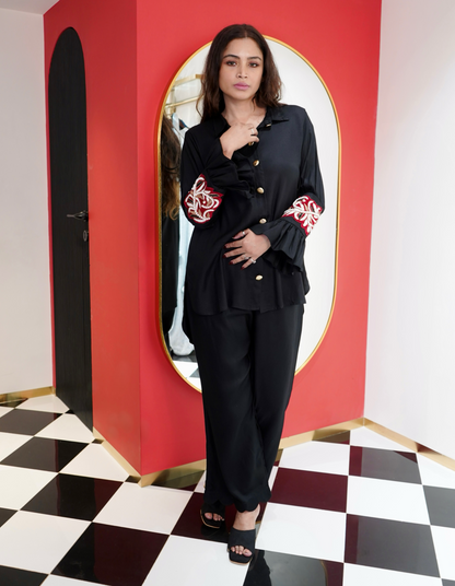 Black Velvet Embroidered Co-Ord Set with  Maroon & White Detailing