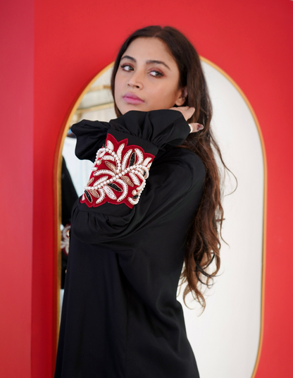 Black Velvet Embroidered Co-Ord Set with  Maroon & White Detailing