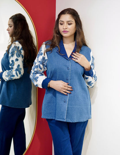 Blue Denim Floral Appliqué Co-Ord Set