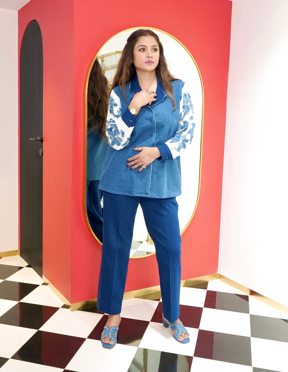 Blue Denim Floral Appliqué Co-Ord Set