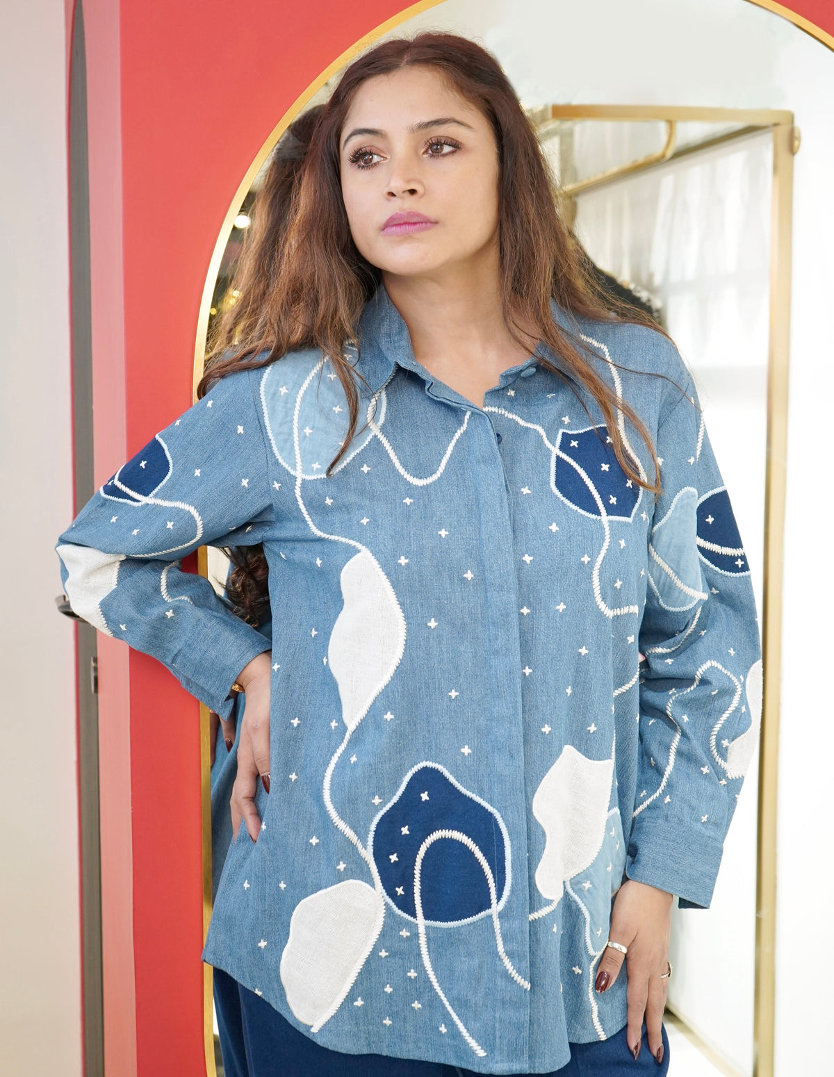 Denim Abstract Appliqué Shirt